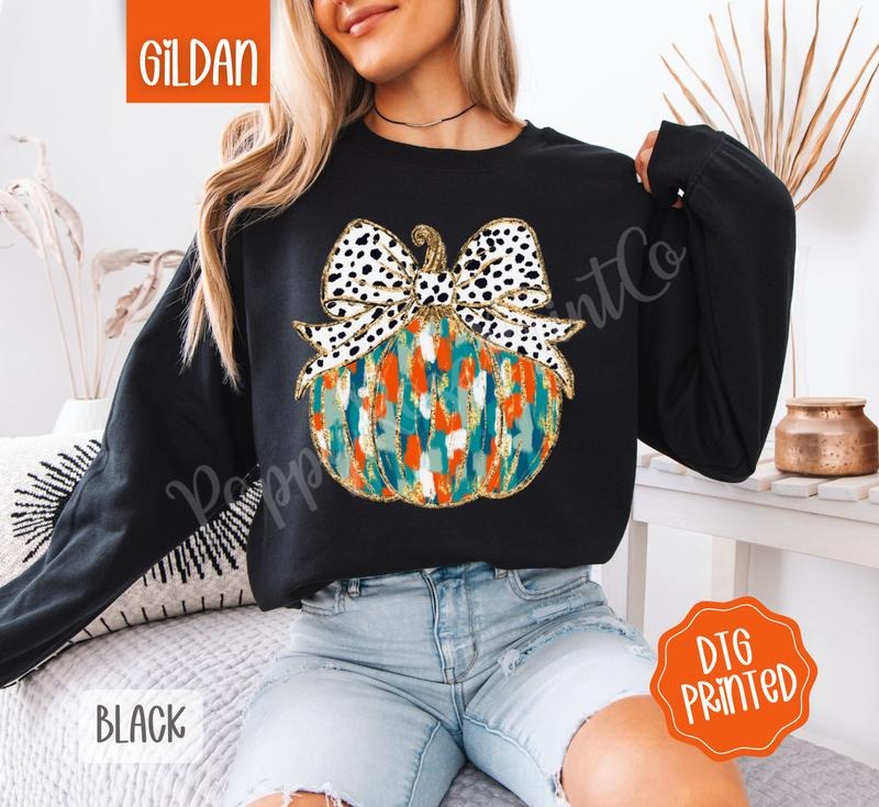 Painted Pumpkin Sweatshirt, Trendy Coquette Fall Crewneck
