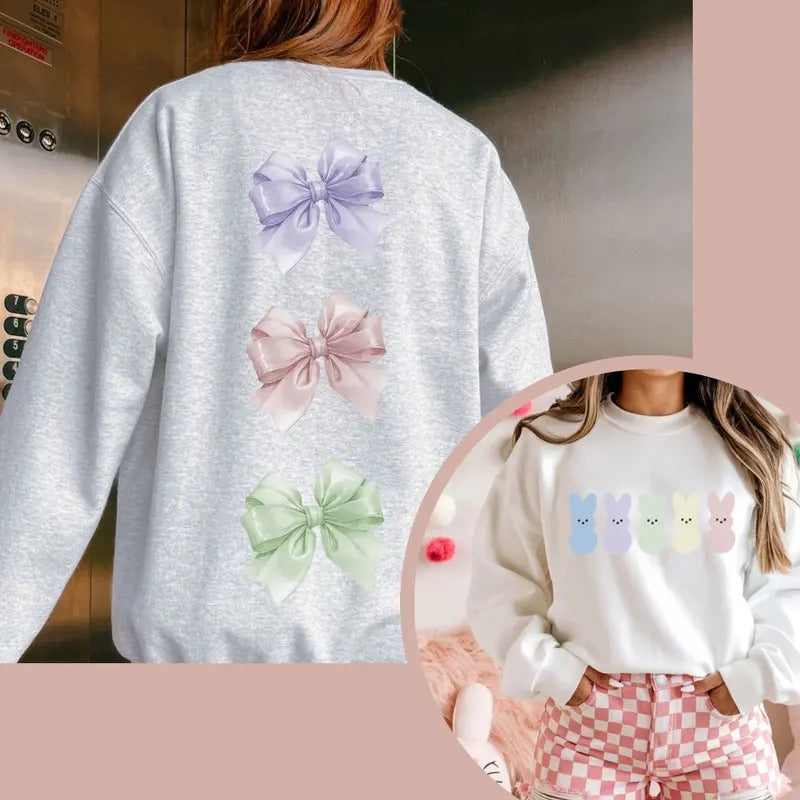 Pastel Bow Two Sided Easter Shirt, Spring Easter Sweatshirt for Spring, Peeps Easter Bunny Hoodie for Women Easter Tee
