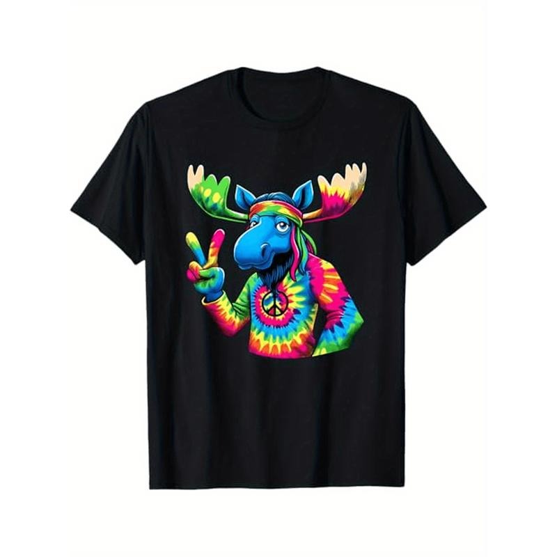 Peace Sign Tie Dye Moose T-Shirt, 100% Cotton, Gift for Men Women Dad Mom Friends, S-XXXL, Black Made in USA