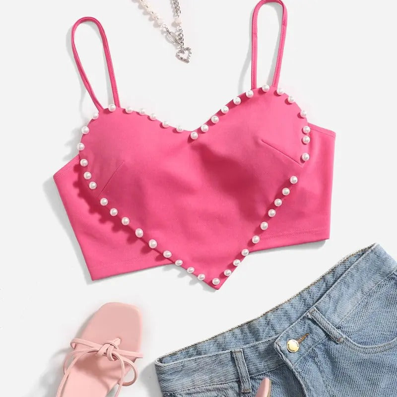 Pearls Sleeveless Asymmetrical Hem Heart Crop Cami Top  Camisole