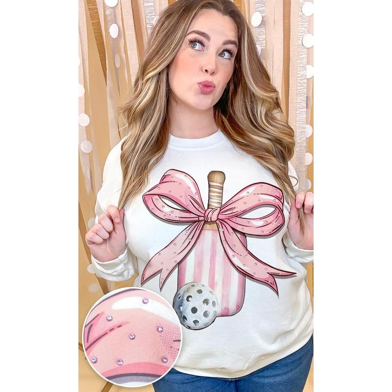 Pickleball Pink Bow Rhinestone Graphic Sweatshirt