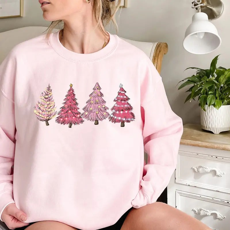 Pink Christmas Sweater Ugly Christmas Sweater Women Funny Womens Christmas Sweatshirt Christmas Crewneck Christmas Tree Winter Sweatshirt