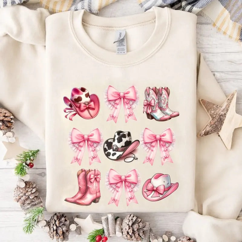Pink Girls Western Boots Bows and Cowboy Hats Sweatshirt, Cute Cowgirls Rodeo Country Girl Western Tee