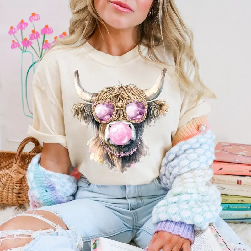 Pink Highland Cow Blowing Bubble DTF Transfers - THIS IS NOT A SHIRT