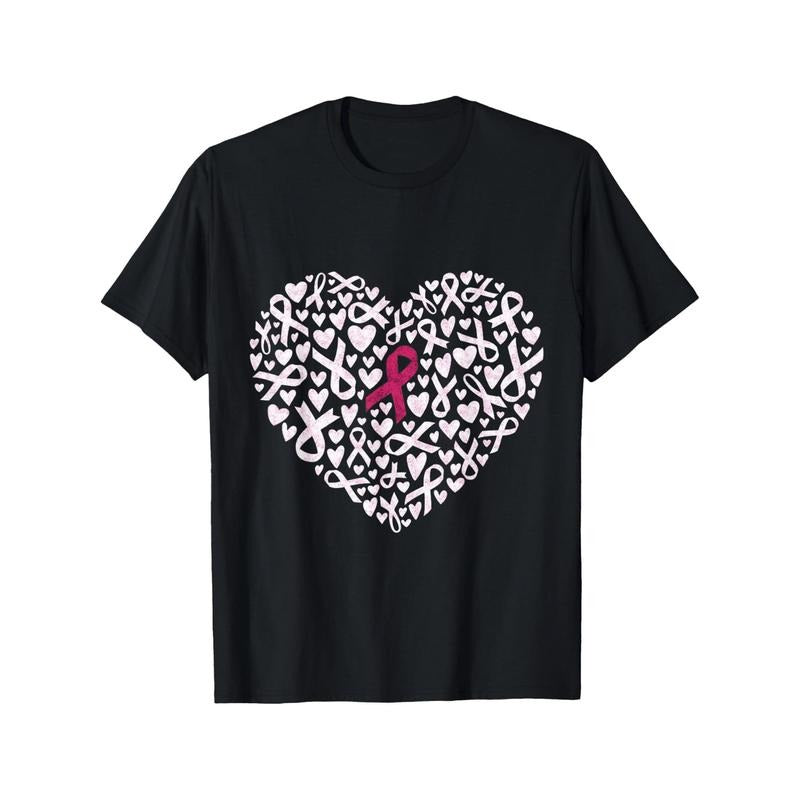 Pink Ribbon Heart Breast Cancer Awareness Support T-shirt Black Casual Short sleeve Men's Sports T-shirt Made in USA