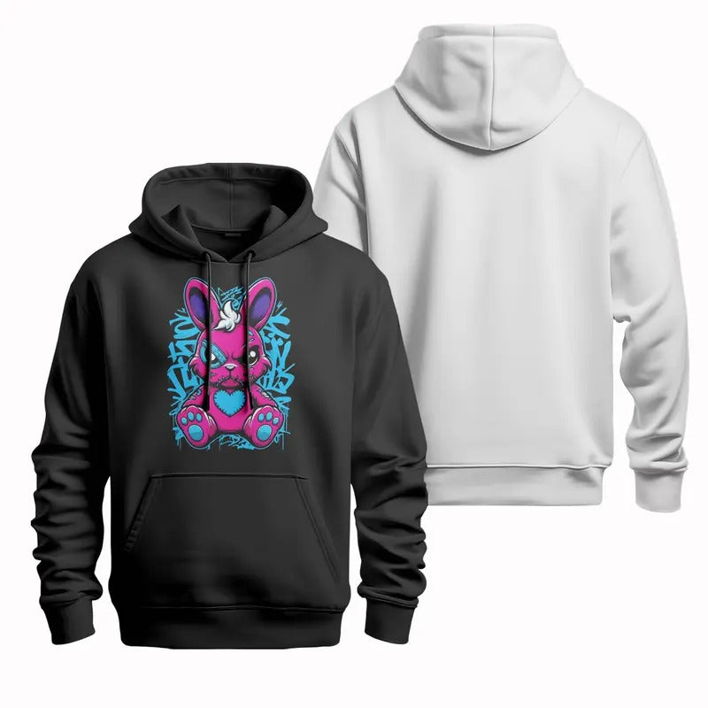 Pink rabbit cool T-shirt, crewneck sweatshirt, hooded sweatshirt, blue heart eye-catching, Graffiti embellishment, street style, Comfortable fabrics, a stylish choice, Wear it for a cool look.