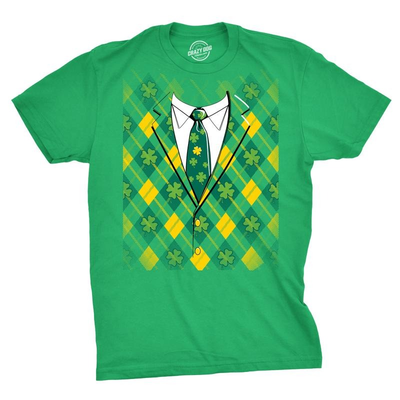 Plaid Green Tuxedo T Shirt Funny Saint Patricks Day Irish Shamrock St Pats Tee Mens Funny T Shirts Cool Tees Soft Stylish Casual Menswear Saint Patrick's Day Apparel for Men Novelty Tees for Guys Green -