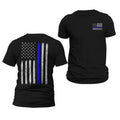 Police Thin Blue Line Flag Front & Back Print Vertical Brushed Design T-Shirt Casual Classic