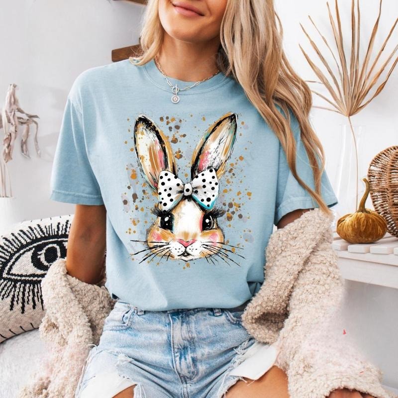 Polka Dot Bow Bunny Shirt, Easter Religious Women's Tee, Spring Bunny Casual Top, Coquette Bunny Tee, Gift for Her