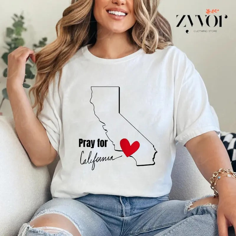 Pray for California Tee Pure Cotton Casual Style Crew Neck Short Sleeve T-Shirt Tops Trendy for Unisex Hoodie, Sweatshirt