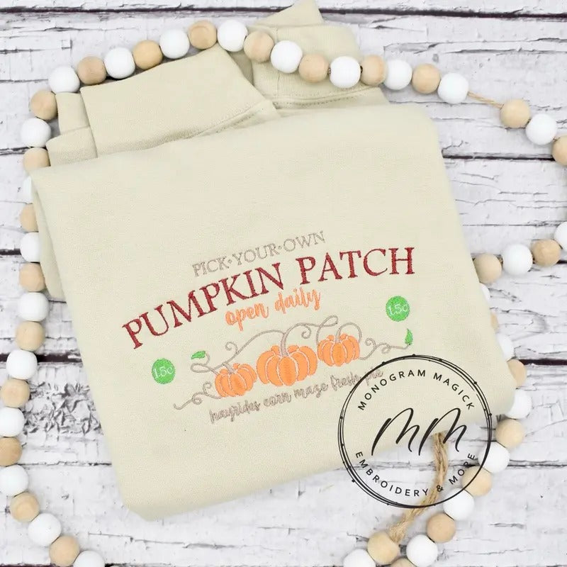 Pumpkin Patch Embroidered Sweatshirt, Fall Embroidered Sweatshirt