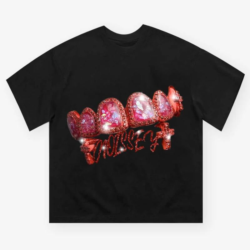 Purple Crystal Cross Grills Print T-shirt, Vintage Graphic Tee, Y2k Clothing, Unisex Cotton Crewneck T-Shirt