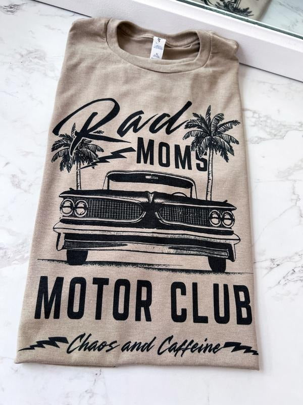 Rad Moms Motor Club Caffeine and Chaos Motorcycle Short Sleeve Graphic Tee Unisex Screen Printed T-Shirt Womenswear Crewneck Casual Tshirt Top