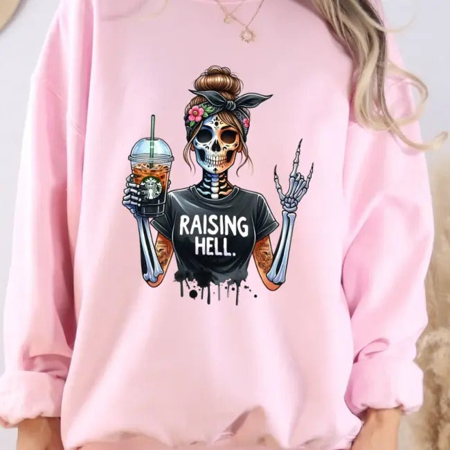 Raising H3ll Coffee Skeleton Graphic Sweatshirt