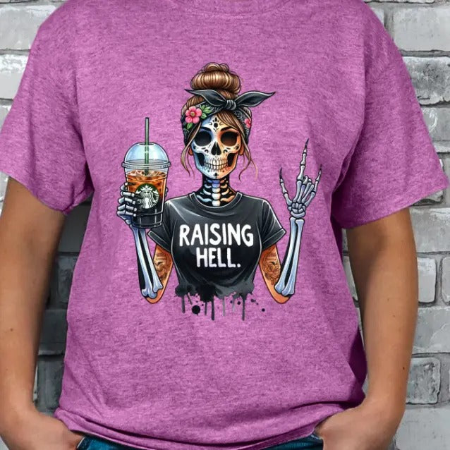 Raising H3ll Coffee Skeleton Graphic T-shirt Casual Crewneck
