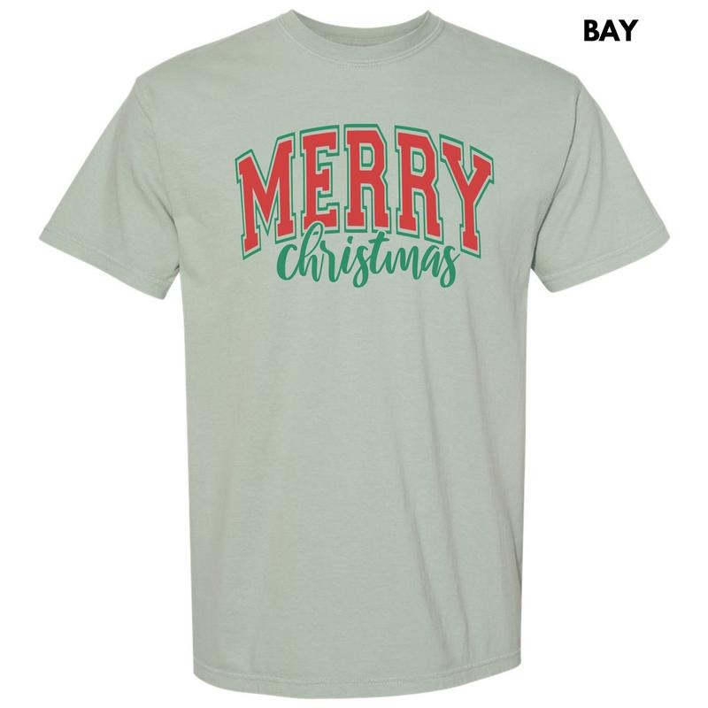 Red Cursive Varsity Merry Christmas Comfort Colors T-Shirt 'NLB'