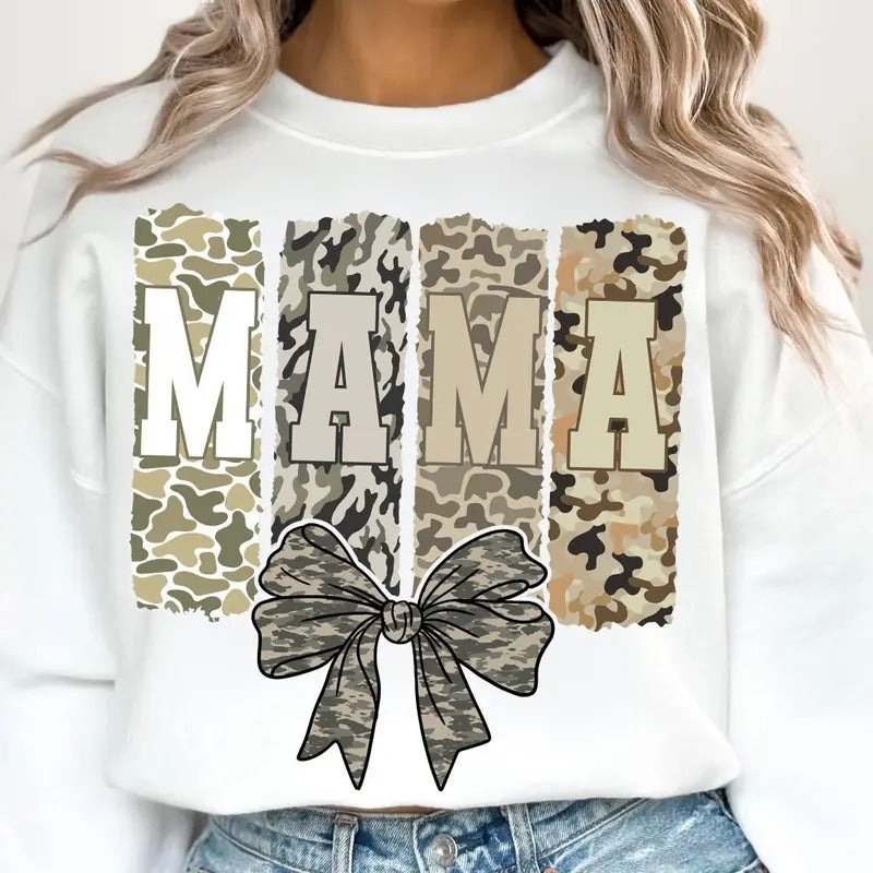 Retro Camo Mama Coquette Bow Sweatshirt, Camouflage Mama Ccoquette Bows Tee, Duck Hunting Mama Shirt, Mother's Day Gift