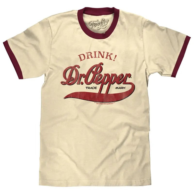 Retro Drink Dr. Pepper Ringer T-Shirt - Beige and Maroon graphic tee