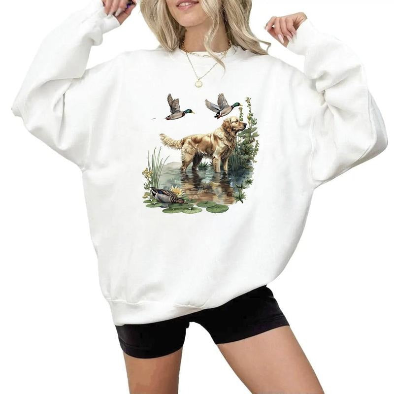 Retro Hunting Dog Lake Wetland Duck T-shirt Unisex Hoodie 4th of July Sweatshirts Hunting Season and National Hunting Day 1 Cotton Womenswear