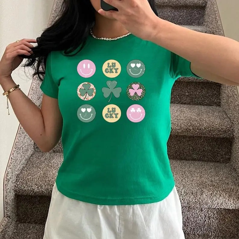 Retro St. Patrick's Day Baby Tee, St Patrick's Day, Clover, Hearts Retro Groovy, Fashion, Baby Tee, Y2K 2000's Style, Streetwear Style