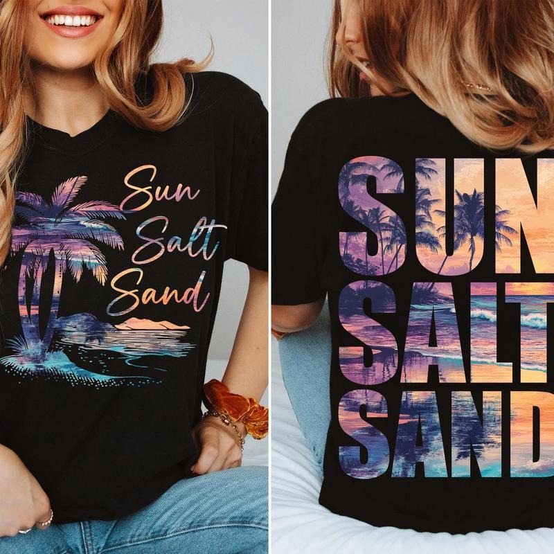 Retro Summer Sun Salt Sand 2 Sided Shirt, Summer Vibes Beach Tee, Sunset Salty Summer Vacation Gift