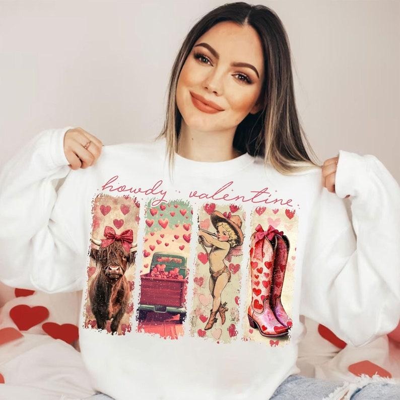 Retro Western Valentines Sweatshirt, Valentines Day Sweatshirt, Cupid, Valentines Coquette Sweatshirt, Valentine Heart Sweatshirt, Highland Cow Sweatshirt