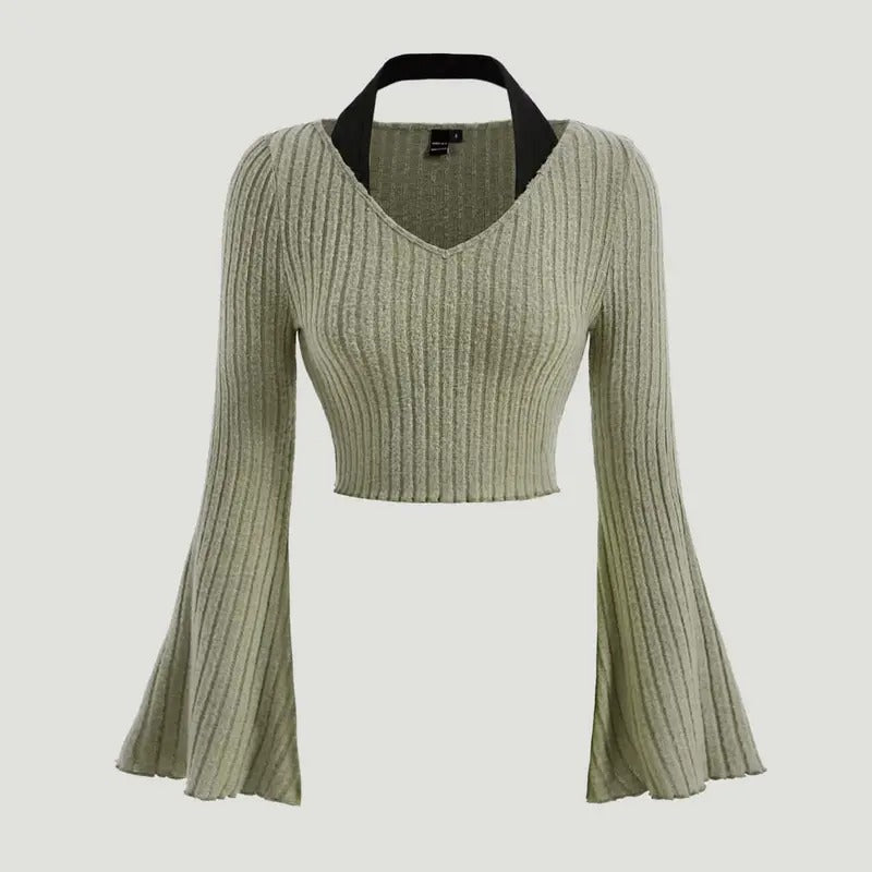 Rib Knit Halter Crop Top Long Bell Sleeve Contrast Binding V Neck T-Shirts TopsY2K