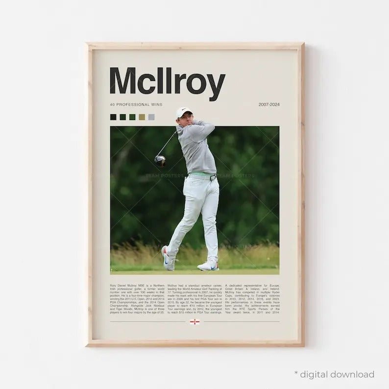 Rory McIlroy Poster, Golf Poster, PGA Tour Golf Wall Art for Office, Sports Bedroom Art, Golf Gift Ideas, Golf Swing...