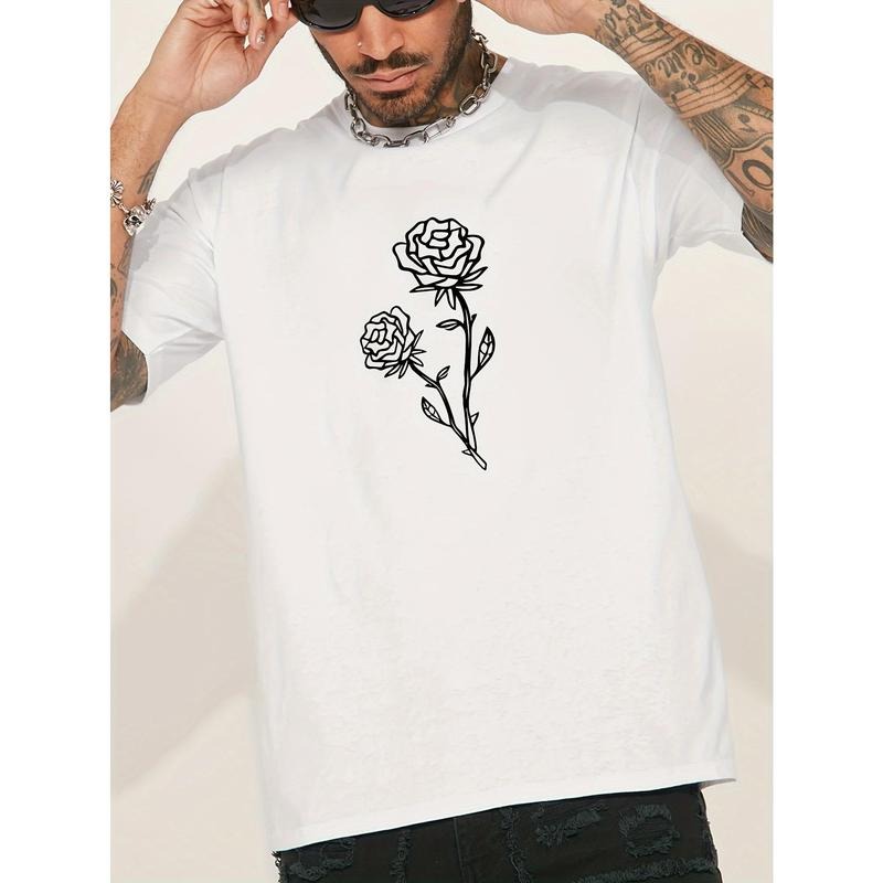 Rose Print Men's Round Neck Short Sleeve Tee Fashion Regular Fit T-Shirt Top For Spring Summer Holiday Made in USA