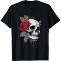 Rose Skeleton Skull Hand Red Flower Rose T-Shirt Made in USA