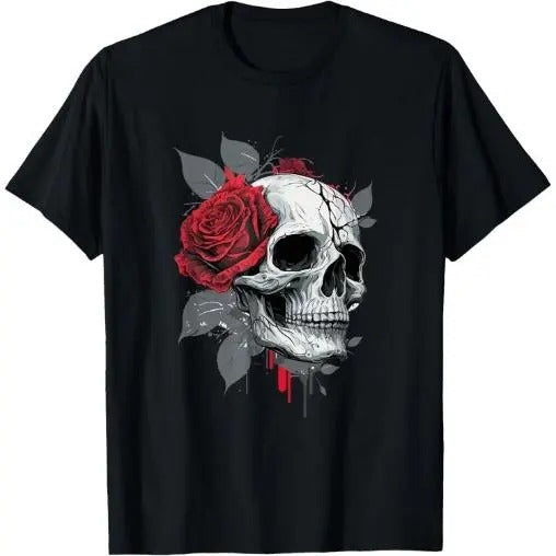 Rose Skeleton Skull Hand Red Flower Rose T-Shirt Made in USA