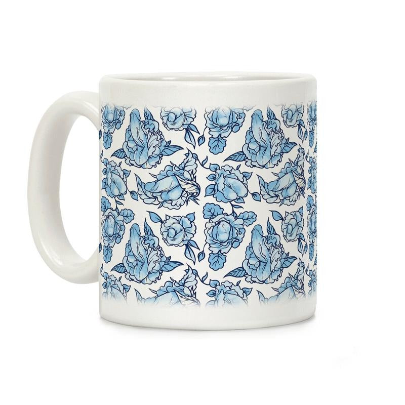 [Sale up to 50%] Floral Penis Blue Coffee Mug, 11 oz or 15 oz Ceramic Drinkware with Large Handles