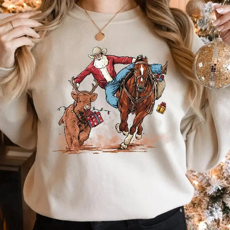 Santa bulldogging T-Shirt - Christmas Sweatshirt Hoodie For Men Forr Women | GrindPrints.com