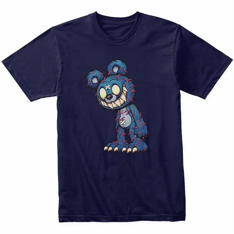 Scary Blue Teddy Bear Veins Popping Out Evil Deranged Bear Halloween T-Shirt - Unique Horror Shirt For Men