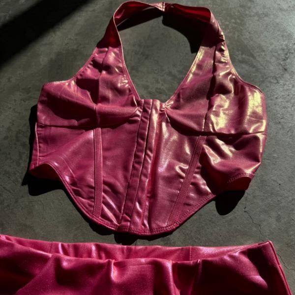 Sexy Pink Iridescent Backless Halter Top