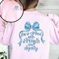 She Is Clothed With Strength and Dignity, Front and Back, Proverbs, Bows, Ribbon, Girly, Religious, Christmas, Faith Sweatshirt, Crew Neck, Women's, Crewneck