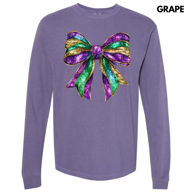 Shimmer Mardi Gras Bow Long Sleeve Comfort Colors T-Shirt