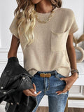 Short Sleeve Sweater Vest Crewneck Pocket Front Casual Solid Knit Pullover Top