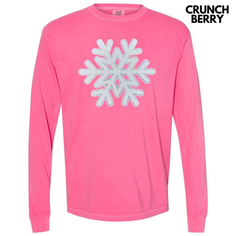 Silver & White Snowflake Sequin Patch Long Sleeve Comfort Colors T-Shirt