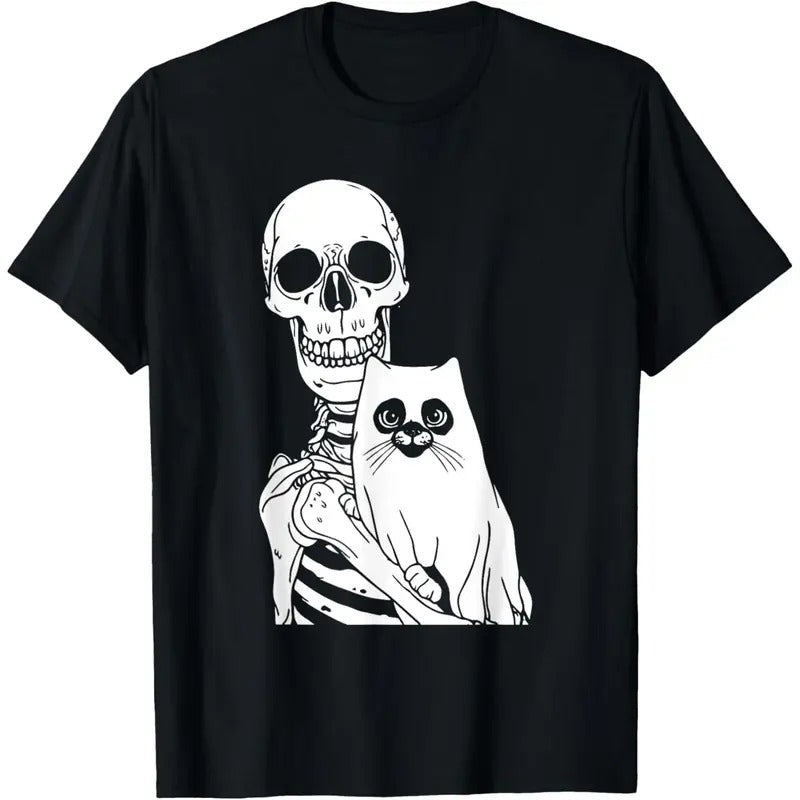 Skeleton Holding Cat Lazy Halloween Costume Skull Kitten T-Shirt made in usa