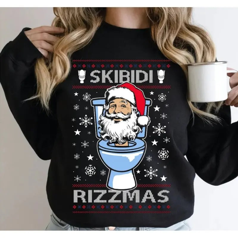 Skibidi Rizzmas Funny Toilet Video Viral Brain Rot Meme Ugly Christmas Sweatshirt, Slang Brainrot Memes Ugly Christmas Sweater, Unisex Sweater Pullover Tee