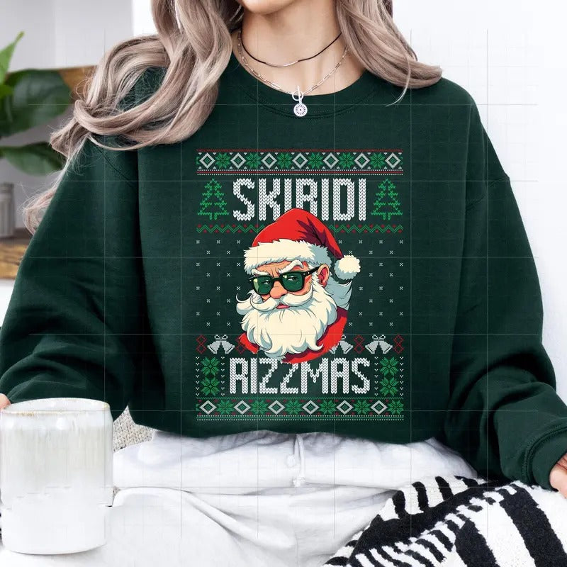 Skibidii Rizzmas Ugly Christmas Tshirt Sweatshirt, Santa Claus Ugly Christmas Sweater, Xmas Gift, Rizz Christmas, Unisex Sweater Pullover Tee