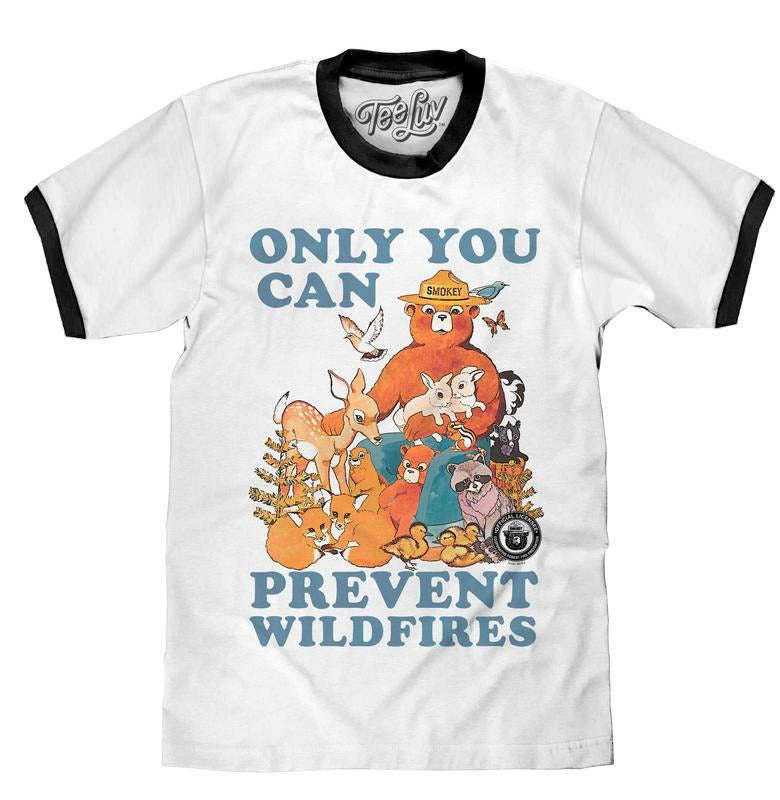 Smokey Bear Only You Can Prevent Wildfires Ringer T-Shirt - White and Black