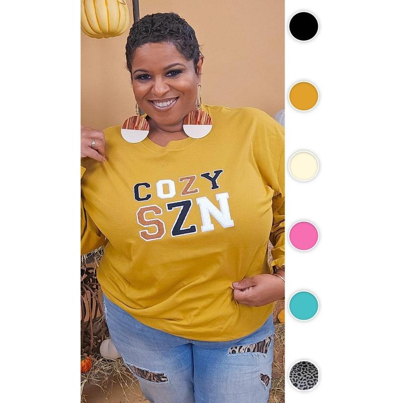 Soft Chenille Cozy SZN Graphic Boyfriend Long Sleeve T-Shirt