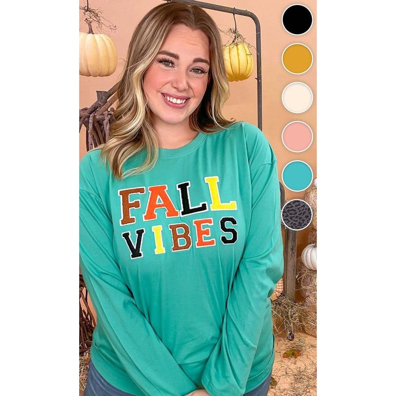 Soft Chenille Fall Vibes Graphic Boyfriend Long Sleeve T-Shirt