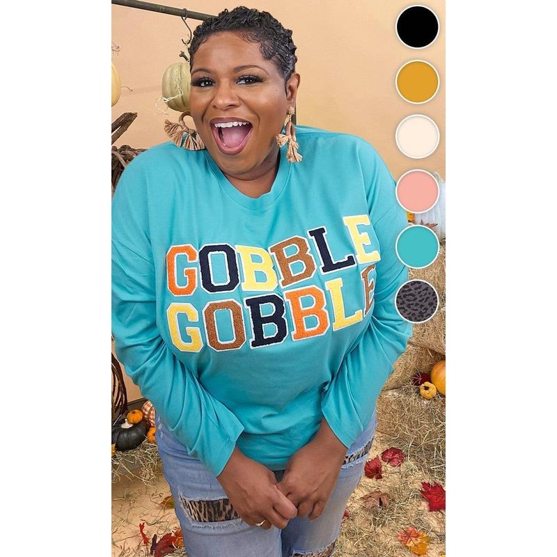 Soft Chenille Gobble Gobble Graphic Boyfriend Long Sleeve T-Shirt