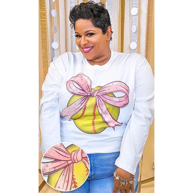 Softball Pink Bow Rhinestone Graphic Long Sleeve Shirt