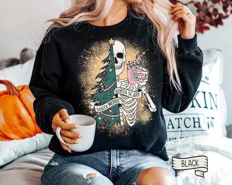 Sorta Merry Sorta Scary Crewneck, Funny Christmas Sweatshirt, Cute Spooky Season Sweater, Custom Christmas Skeleton Sweatshirt Funny Sweater