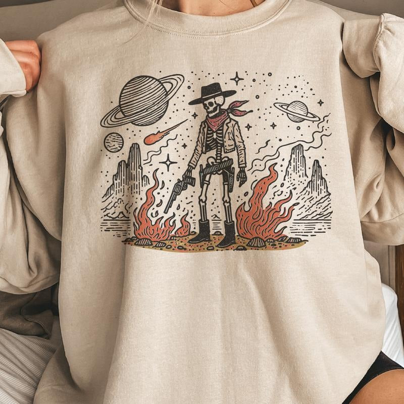 Space Cowboy Graphic Sweatshirt Western Cowboy Pullover Space Skull Sweatshirt Casual Sweatshirt