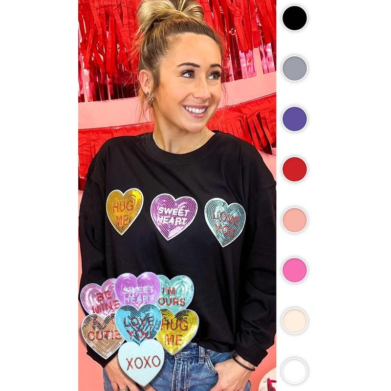 Sparkle Conversation Heart Boyfriend Long Sleeve - Cozy Sequin Valentine #SparkleHearts #ValentinesLongSleeve #CandyLove